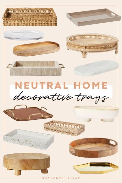 neutral boho home decor decorative trays Ottoman Coffee Table With Tray, Bedside Tray Decor, Wood Tray Decor Kitchen, Kitchen Island Decor Decorative Trays, Rattan Tray On Coffee Table, Nightstand Tray Decor, Decorative Tray Ideas Bedroom, Table Tray Decor Ideas Living Room, Bamboo Tray Decor