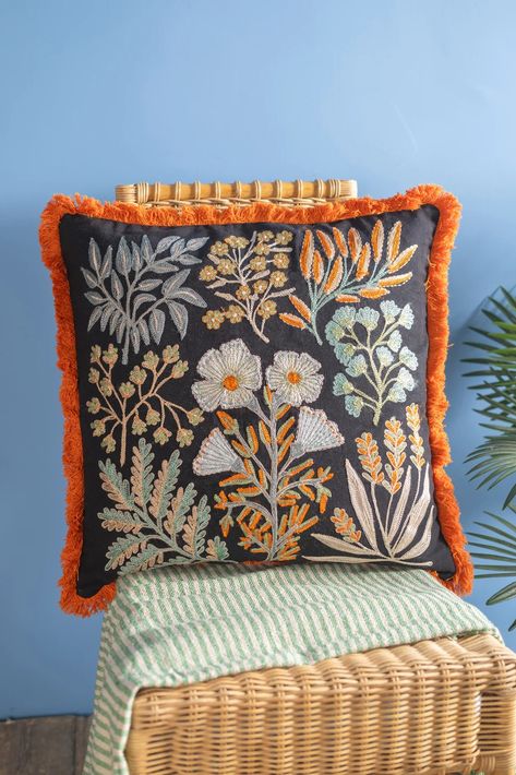 Midnight Blue Botanical Embroidered Cushion Cover – Ian Snow Ltd Vintage Chest Trunk, Botany Illustration, Cotton Background, Vintage Shelving, Creative Pillows, Soft Fringe, Wooden Printing Blocks, Quilted Duvet Cover, Vintage Chest