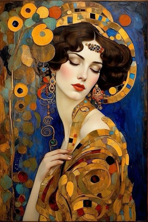 Art Ladies Klimt Women, Art Klimt, Gustav Klimt Art, Art Deco Artwork, Klimt Paintings, Klimt Art, Art Nouveau Illustration, Painting Woman, Abstract Portrait