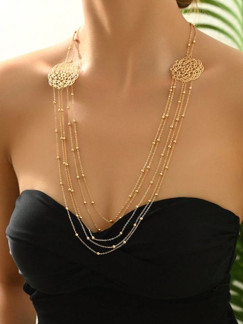 Yellow Gold  Collar  Iron   Embellished   Women Fashion Jewelry Punk Street Style, Iron Woman, Gold Tassel Necklace, Banquet Party, Long Necklaces, Gold Collar, Floral Pendant, Hair Rings, Watches Women Fashion