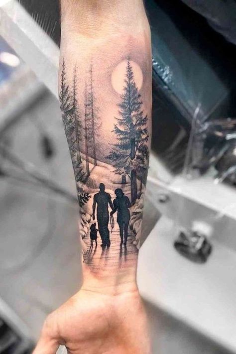 Outdoor Tattoo, Father Daughter Tattoos, Nature Tattoo Sleeve, Family Tattoo Designs, Realistic Tattoo Sleeve, Men Tattoos Arm Sleeve, Stylish Tattoo, Forest Tattoos, Forearm Sleeve Tattoos