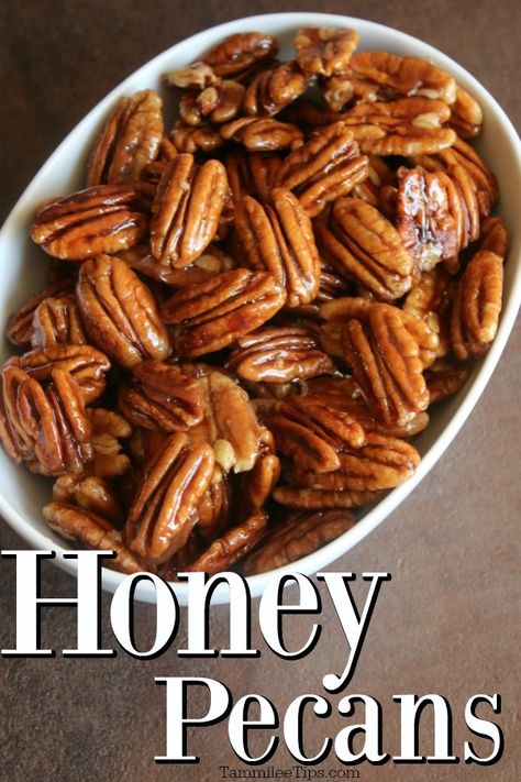 You will not believe how easy it is to make these honey glazed pecans! These honey-glazed pecans are so good on top of salads and for snacks! These honey candied pecans are absolutely delicious! Sweet and sticky with a thick glaze of honey Honey Glazed Pecans Recipe, Glazed Pecans Recipe, Honey Pecans, Roasted Pecans Recipe, Pecan Recipes Easy, Spicy Pumpkin Seeds, Honey Roasted Pecans, Fresh Pumpkin Pie, Candied Pecans Recipe