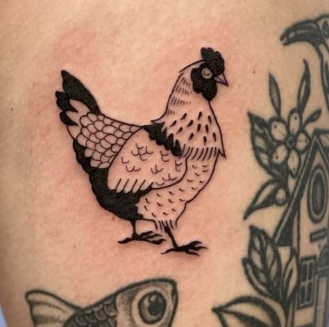 Cat Memorial Tattoo Traditional, Chicken Flash Tattoo, Weird Thigh Tattoos, American Traditional Chicken Tattoo, Cute Chicken Tattoo, Chicken Tattoo Ideas, Thick Line Tattoos, Woodblock Tattoo, Front Hip Tattoo