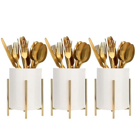 Displaying Utensils For A Party, White Gold Kitchen Decor, Utensil Holder Ideas For Party, Utensil Holder Kitchen Countertops, Plastic Utensil Storage, Silverware Holder For Party, White And Gold Kitchen Decor, Utensil Holder Party, Chic Modern Kitchen