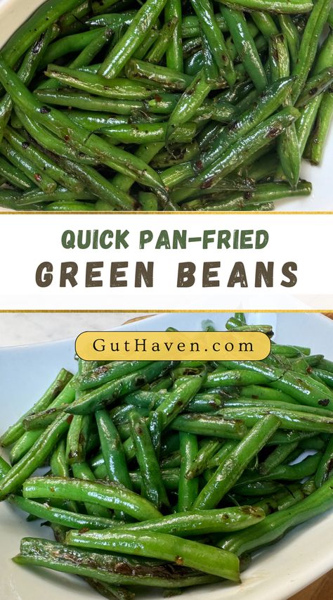 Quick Pan-Fried Green Beans are made with just olive oil, green beans, crushed red pepper, garlic, and salt. A fool-proof, pan fry then steam method results in tender yet blistered green beans, adding a delicious texture and flavor. Pan Fry Green Beans, Quick Green Bean Recipe, Stove Top Green Beans, Pan Fried Green Beans, Steamed Green Bean Recipes, Cooking Frozen Green Beans, Fried Green Bean Recipes, Blistered Green Beans, Grean Beans