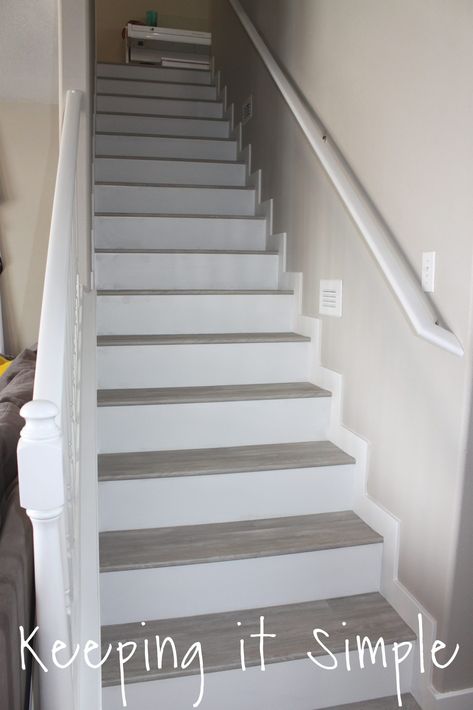 How to Install Gray Laminate Stairs with White Risers • Keeping it Simple Simple Stairs Renovation, Best Stairs Makeover Ideas, Easy Stairs Makeover, Stairs With White Risers, Terrace Staircase, Stairs Remodeling, Stairway Remodel, Painted Stairs Ideas, White Stair Risers