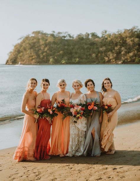 Tropical Glam Color Palette, Costa Rica Wedding Colors, Beach Wedding Entourage, September Wedding Colors, Beach Wedding Bridesmaid Dresses, Watters Wedding Dress, Tropical Glam, Tropical Wedding Inspiration, Sunset Palette