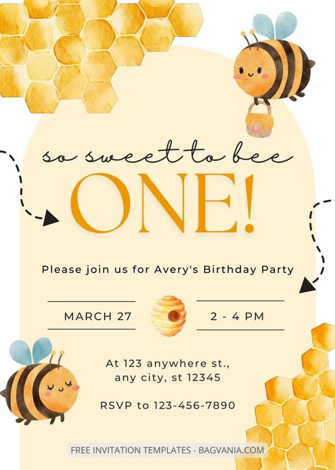 Bee Birthday Party Invitations, One Bee Birthday, Bee Party Invitations, Bees Birthday Party Ideas, Bee Invitations Template, Birthday Invitation Template Free Editable, Bee Birthday Party Decorations, Bee Party Ideas, Sweet To Bee One