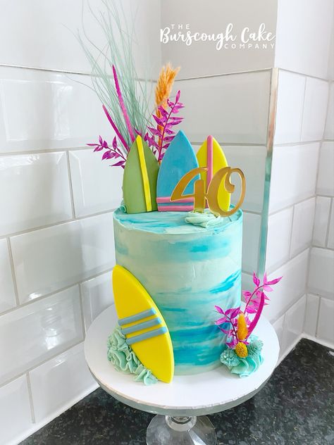 Bright surf themed cake Surfing Theme Cake, Surfing Birthday Cake, Surfer Birthday Cake, Surf Cake Ideas, Surfs Up Cake, Beach Themed Birthday Cakes, Surf Birthday Cake, Surf Board Cake, Summer Themed Cake