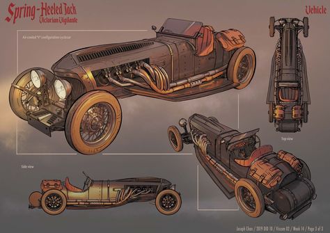 Spring-heeled Jack - Vehicle, Joseph Chan on ArtStation at https://www.artstation.com/artwork/18XW18 Car Stunt, Dieselpunk Vehicles, Steampunk Vehicle, Steampunk City, Steampunk Artwork, Arte Steampunk, Gato Anime, Diesel Punk, Arte Robot