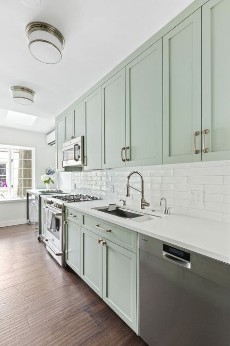 Laura-Kitchen-3 Light Green Kitchen, Mint Green Kitchen, Mint Kitchen, Patio Remodel, Pastel Kitchen, Green Kitchen Cabinets, Park Slope, Classic Kitchen, Green Cabinets