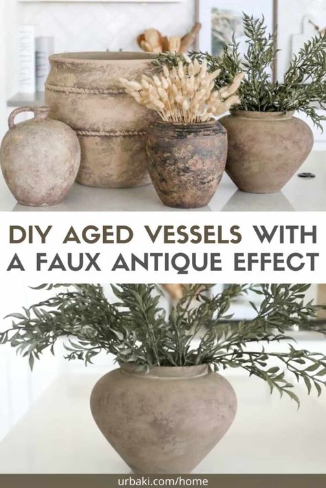 Are you ready to embark on a creative journey that will breathe new life into your home decor? Look no further than DIY aged vessels with a faux antique effect.rnrnWith just a few simple steps, you can transform ordinary vases into captivating pieces that exude charm and character.rnrnBest of all, this thrifty project is super affordable, incredibly enjoyable, and requires minimal effort. Get ready to unleash your inner artist and let your imagination run wild!rnrnThrift Flipping: The Art of... Antique Art In Bathroom, Faux Aged Pottery, Decor Pots & Planters, Diy Aged Vessel, Natural Pottery Ideas, Aged Vases Diy, Diy Antique Vase, Antique Diy Decor, Diy Old Vase