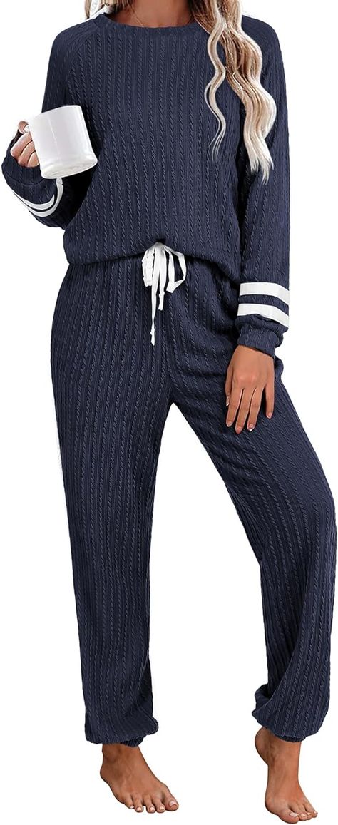 Ekouaer Lounge Sets for Women Ribbed Knit Outfits Pajamas Sets 2 Piece Long Sleeve Sweatsuits with Pockets Shorts Lounge Set, Cozy Pajama Set, Lounge Sets For Women, Outfits Pajamas, Simple Pullover, Winter Pajamas Women, Long Pajamas, Soft Pajama Pants, Patchwork Sleeve