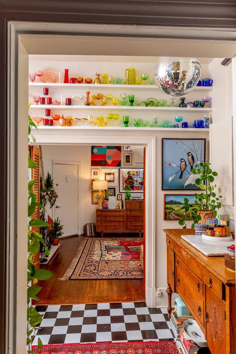 Colorful Kitchen And Dining Room, Eclectic Eat In Kitchen, Colorful Kitchen Rental, Open Concept Kitchen Living Room Maximalist, Kitchen Living Space Ideas, Colorful Rental Kitchen, Colorful Kitchen Rug, Easy Rental Upgrades, Kitchen Decor Eclectic