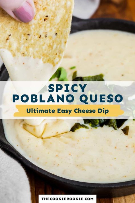 poblano queso pinterest Spicy Queso Recipe, Poblano Queso, Dip Recipes Hot, Savory Dips, Spicy Queso, Roasted Poblano Peppers, Roasted Poblano, Spicy Dip, Queso Recipe