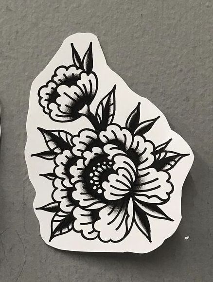 Chrysanthemum Tattoo Traditional Black, Old School Flower Tattoo Stencil, Tradition Style Flower Tattoo, Black Grey American Traditional, Black Peony Tattoo Traditional, Butterfly Ditch Tattoos, Small Black And White Traditional Tattoo, Traditional Poppy Tattoo Black, American Trad Peony