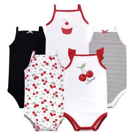 Hudson Baby sleeveless bodysuits are an essential part of baby's wardrobe. Our bodysuits feature adorable prints, embroideries, stripes and solids and provide a comfortable base layer that's great for pairing with pants, shorts, or even wearing under outfits. Our bodysuits are comfortable and cozy for all-day, everyday wear for your little one. Hudson Baby Infant Girl Cotton Sleeveless Bodysuits 5pk, Cherries is a great baby essentials set for your little one. Size: 3-6 Months.  Color: White.  G Infant Girl, Hudson Baby, Cotton Bodysuit, Sleeveless Bodysuit, Girl Clothing, Baby Things, Baby Essentials, Future Baby