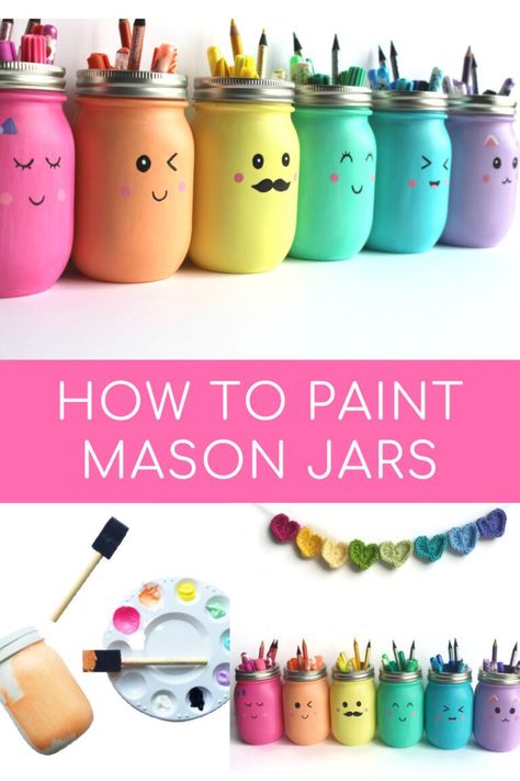 Painted Mason Jars How To Color Mason Jars Diy, Painting Mason Jars Diy Acrylic, How To Color Mason Jars, Best Paint For Mason Jars, Upcycle Mason Jars, How To Paint Mason Jars With Acrylic, How To Paint Jars With Acrylic, Mason Jar Paint Ideas, Plastic Jar Painting Ideas