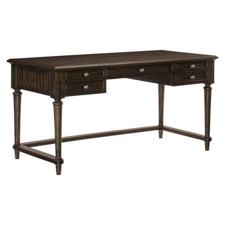 The solid transitional styling of the Pemberly Row Collection creates an impactful design presence in your home office. Utilizing distinct accent techniques  plank effect, rasping, saw marks  and pairing them with traditional framing and a rich finish  driftwood charcoal over acacia solids and veneers  creates a writing desk that is worthy of your home office. Pewter-finished hardware, mounted on the functional drawer, provides subtle contrast to the woods dark finish. Executive desk and bookcas Dark Wood Office, Woods Dark, Executive Desk Home Office, Elegant Home Office, Wood Writing, Brown Desk, Wood Office, Library Table, Wood Writing Desk