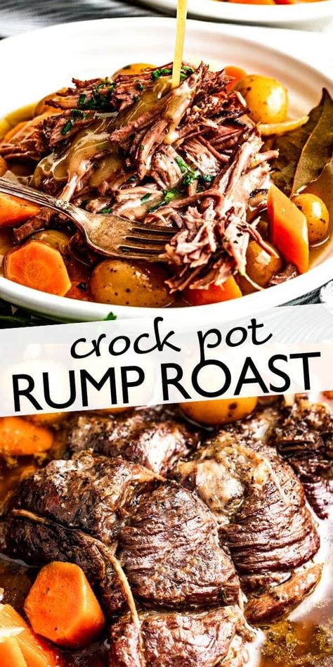 Tender, slow-cooked beef, surrounded by melt-in-your-mouth carrots and potatoes, creates a mouthwatering meal that's perfect for busy weeknights or cozy family gatherings. Fall in love with the rich flavors and effortless preparation of this Crock Pot Rump Roast. Pin now for a hearty, stress-free dinner solution! Bottom Round Rump Roast Crockpot, Rump Roast Recipes Crock Pot, Crock Pot Rump Roast, Rump Roast Crock Pot Recipes, Cooking A Rump Roast, Rump Roast Recipe, Potluck Casserole, Crockpot Rump Roast, Diethood Recipes