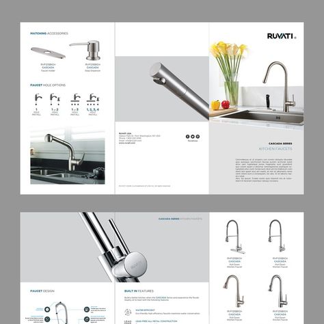 Tri-fold flyer for Kitchen Faucet manufacturing company by Unlike Studio Kitchen Brochure Design, Product Leaflet Design, Brochure Product Design, One Pager Design, Product Catalog Design, Catalog Layout, Catalog Design Layout, Product Flyer, Industrial Design Portfolio