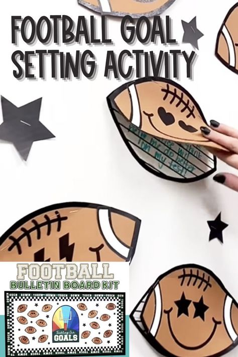 This is such a great craftivity to do when it is time to have your students set some goals! We love to do this around Superbowl Sunday because students get so excited about the game and we love to tie in how EVERYONE sets goals in their lives! This goal setting bulletin board kit would be great to do as a back to school bulletin board, plus it's football season in the Fall! Grab this for the goal-setting activity or use the whole football bulletin board kit. Goal Setting Bulletin Board, Football Bulletin Boards, Goals Bulletin Board, Classroom Activities Elementary, Elementary Bulletin Boards, Holiday Bulletin Boards, Sports Theme Classroom, Goal Setting Activities, Cute Bulletin Boards