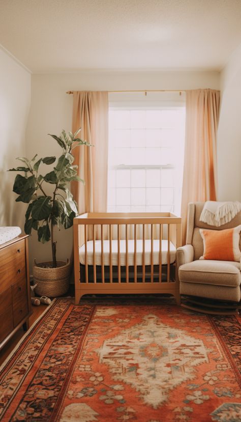 Aesthetic Baby Nursery, Modern Nursery Ideas, Nature Inspired Nursery, Brown Nursery, Orange Nursery, Eclectic Nursery, Baby Nursery Ideas, Baby Nursery Inspiration, Aesthetic Baby