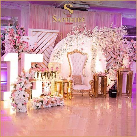 Pink Debut Backdrop, Quince Decorations Pink Flowers, Debut Decorations 18th, Pink Quinceanera Throne, Quinsañera Decorations, Pink And White Quinceanera Decorations, Quince Venues Pink, Pink And Rose Gold Quinceanera, Venue Decorations Quinceanera