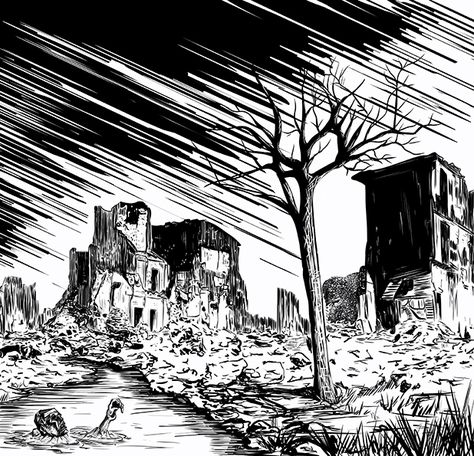 #dead #village #destruction #war #ink #illustration #comic #cartoon City Destruction Art, Destroyed City Drawing, Destruction Illustration, Destruction Drawing, Destruction Art, Village Illustration, Town Drawing, Village Drawing, Ww1 Art