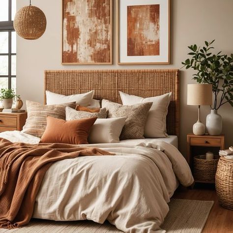 Cozy up to the modern boho charm of this dreamy bed, where comfort meets style in a palette of soothing neutrals with a hint of terracotta warmth. Ready to transform your bedroom? 🏺🌿 . . . . . . #modernboho #modernbohooasis #neutraldecor #interiordesign #interior #modern #neutrals #neutralstyle #neutralhome #interiør #interiör #interiordecor #interiorstyling #interiorstyle #modernart #moderndesign #modernbohemian #homedecor #bohobedroom #summer Terracotta Neutral Bedroom, Terracotta And Wood Bedroom, Terracota Bedding Room, Terracotta And Cream Bedroom, Burnt Orange Bedroom Ideas, Burnt Orange Bedroom, Rustic Chic Bedroom, Terracotta Bedroom, Earth Tone Bedroom