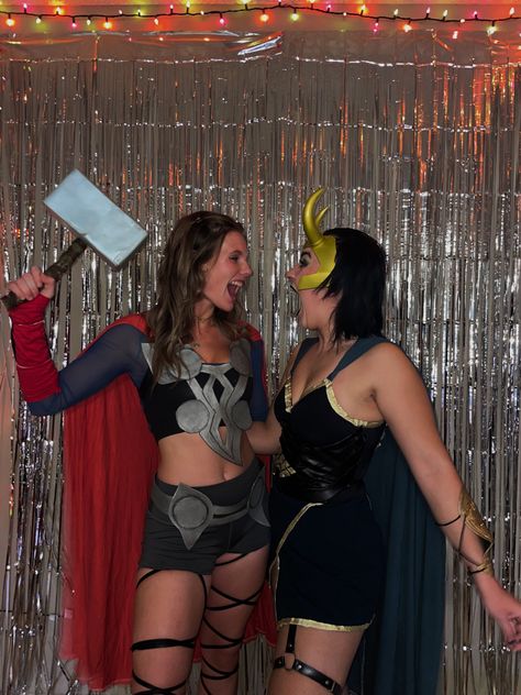 Halloween costume Thor And Loki Halloween Costumes Female, Women’s Superhero Halloween Costume, Brunette And Ginger Halloween Costumes, Thor Halloween Costume Women, Thor Costume Women, Superhero Costumes Female Diy, Thor Costume Female, Halloween Costumes Avengers, Thor And Loki Costumes Female