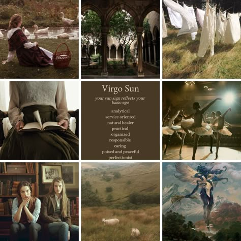 Virgo sun zodiac sign mood board and astrology aesthetic Earth Sign Aesthetic Virgo, Zodiac Sign Mood Boards, Moon In Virgo Aesthetic, Virgo Home Aesthetic, Sun In Virgo Aesthetic, Virgo Mood Board, Virgo Energy Aesthetic, Dark Virgo Aesthetic, Earth Signs Aesthetic