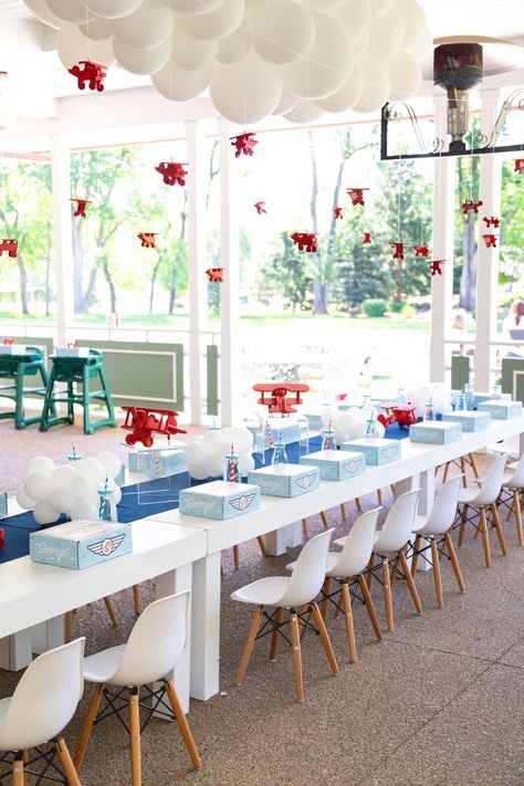 Aviator First Birthday Party, Aviator Party Theme 1st Birthdays, Aeroplane Party Ideas Boys, Airplane Themed Birthday Party Food, Helicopter Themed Birthday Party, Two Fly Birthday Party Boy, Airplane Centerpieces, Air Plane Birthday, Plane Theme Birthday Party