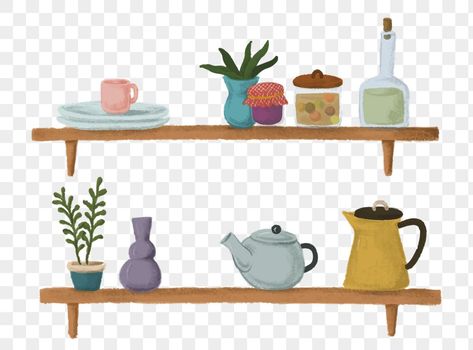 Shelves Plant, Aesthetic Pngs, Sticker Transparent Background, Plant Cartoon, Sticker Transparent, Kitchen Shelf, Kitchen Shelves, Aesthetic Stickers, Transparent Stickers