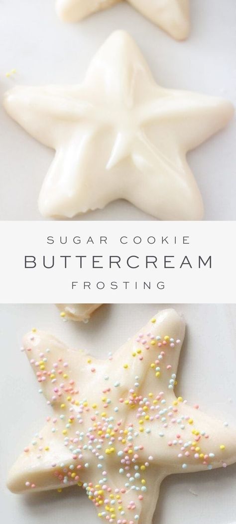 This sugar cookie buttercream frosting goes on smoothly and hardens just like royal icing. Learn how to ice sugar cookies, with yummy buttercream icing, the easy way! Made with just 3 ingredients and 5 minutes to make. #buttercream #frosting #icing #cookies #sugarcookies #buttercreamforsugarcookies #christmascookies #holiday #christmas Sugar Cookie Buttercream, Cookie Buttercream Frosting, Bakery Sugar Cookies, Christmas Frosting, Cookie Icing That Hardens, Sugar Cookie Buttercream Frosting, Best Sugar Cookie Icing, Sugar Cookie Frosting Recipe, Christmas Cookie Icing