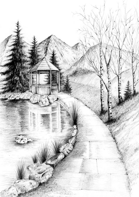 Nature Graphite Drawing Print A pencil landscape drawing showing mountains, and a river surrounded by trees. It's a realistic sketch of wild nature and a beautiful water reflection. Each Art work is hand-drawn in pencil and ink by myself, then reprinted on high quality, 250gsm white A4 or A3 paper. Print will arrive unframed. Print comes packaged in an envelope with card for protection. Path Drawing Ideas, Nature Sketch Ideas, Nature Pencil Art, Landscape Shading, Nature Drawing Pencil, Landscape Sketch Pencil, Landscape Ideas Drawing, Landscape Scenery Drawing, Pen Landscape