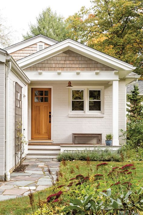 A Couple Trades a Life at Sea For a Mid-Century Fixer Upper | Down East Magazine 1940s Cottage Remodel, Coastal Siding Exterior, 1940s Bungalow Exterior, Coastal Craftsman Exterior, 1940s Home Exterior, Cottage Style Homes Exterior, White Cottage Exterior, 40s House, Coastal Cottage Exterior