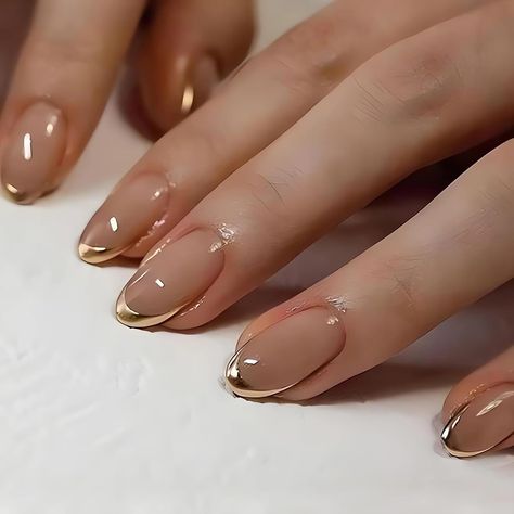 Amazon.com: Gold French Tip Press on Nails Almond Medium Length Fake Nails Golden French False Nail Tips Stick on Artificial Nails Glossy Full Cover Glue on Nails Medium False Nails with Designs for Women 24pcs : Beauty & Personal Care