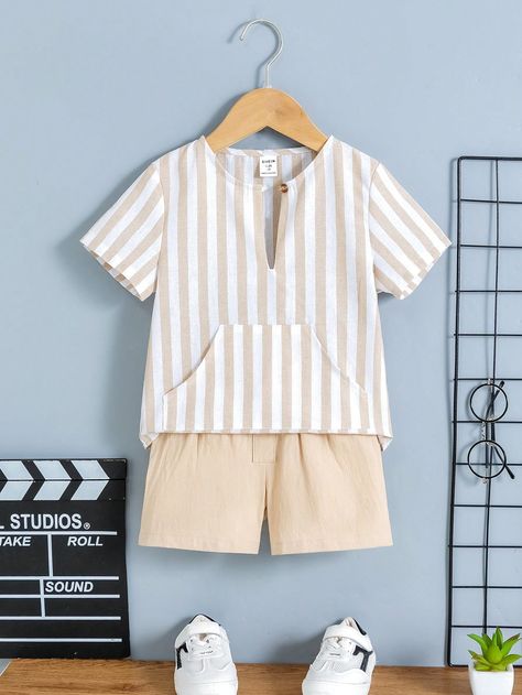 Khaki Casual Collar   Colorblock,Striped  Embellished Non-Stretch  Young Boys Clothing Boys Shirts Style, Boys Dresses, Boys Summer Clothes, Kids Dress Boys, Fashion Design Books, Baby Boy Dress, Baby Dress Design, Family Shoot, Maternity Outfits