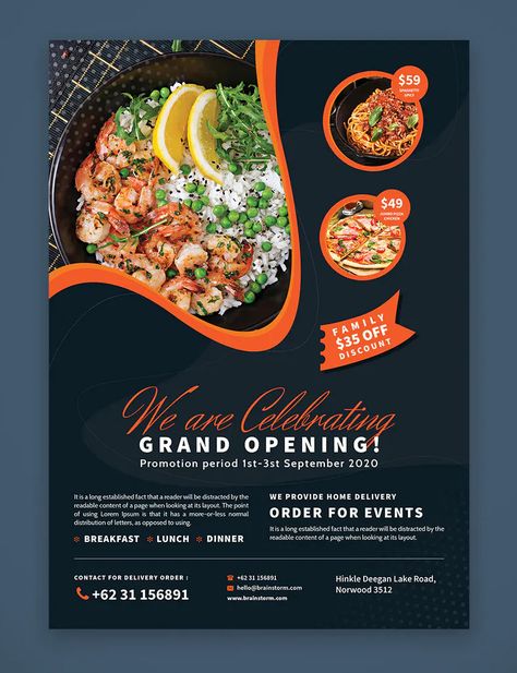 Restaurant & Cafe Opening Promo Flyer Template PSD Franchise Poster Design, Brochure Food, Restaurant Advertising, Promo Flyer, Food Promotion, Restaurant Poster, Restaurant Flyer, Food Menu Design, Graphic Design Flyer