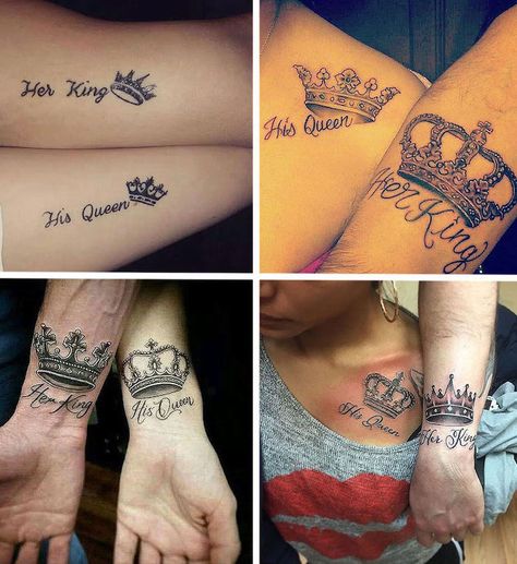 unique-couple-tattoos-his-queen-her-king-crowns-side-by-side-photos Husband Wife Tattoos, King Queen Tattoo, Small Crown Tattoo, Married Couple Tattoos, Marriage Tattoos, Queen Of Hearts Tattoo, Him And Her Tattoos, Anniversary Tattoo, Couple Tattoos Love