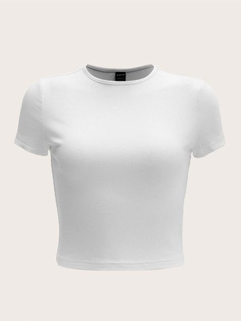 SHEIN Solid Rib-knit Tee Cute White Shirts, Plain White Top, White Tshirt Women, White Workout Top, Plain White Shirt, Plain White T Shirt, Cropped White Tee, Plain White Tee, White Tee Shirts