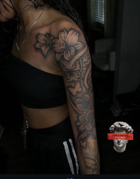 Full Arm Tattoos For Black Women, Arm To Neck Tattoos For Women, Hand Tattoo Sleeve Women, Lily Tattoo Design Shoulder, Arm Tattoo For Black Woman, Flowers On Neck Tattoo, Colorful Flower Tattoo Black Women, Tattoo Idea Black Women, Neck And Shoulder Tattoos For Women