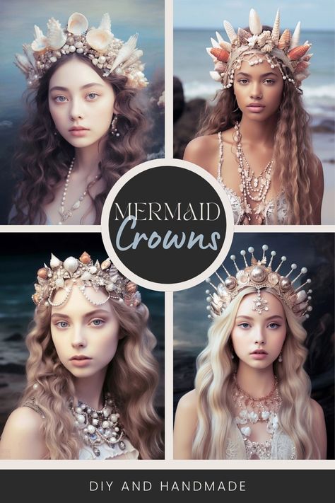 A mermaid crown DIY and handmade mermaid crown tiaras and headpieces perfect for beach weddings and mermaid costumes. #beachwedding #seashellcrown #UniquelyMermaid Make A Crown Diy Queens, Mermaid Crown Diy, Season Costumes, Mermaid Crown Tiaras, Shell Headpiece, Diy Mermaid Crown, Mermaid Transformation, Diy Mermaid Costume, Mermaid Outfits