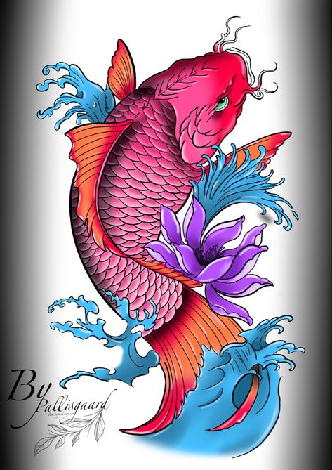 Fish tattoo design in colours Colourful Koi Fish Tattoo, Coy Fish Tattoo Color, Koi Fish Tattoo Colour, Neo Traditional Koi Fish Tattoo, Neo Traditional Koi Fish, Japanese Koi Fish Tattoo Design For Men, Koi Fish Tattoo Drawing, Coi Tattoo, Traditional Koi Fish Tattoo