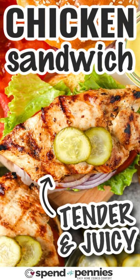 It will be hard not to fall in love with these grilled chicken sandwiches. Impress your guests with this fun twist on a classic sandwich. Juicy and tender chicken that has been marinated in a zesty marinade is just waiting to be sandwiched in a bun. Top it with honey mustard, lettuce, and tomatoes. Best Grilled Chicken Sandwich Marinade, Grilled Chicken Sandwich Seasoning, Marinade For Grilled Chicken Sandwiches, Chicken On A Bun, Marinade For Chicken Sandwiches, Chicken Burgers Grilled, Grilled Chicken Sandwich Marinade, Chicken Breast Sandwich Ideas, Chicken Sandwiches