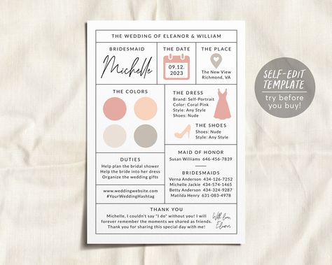 "Bridesmaid Info Card Editable Template THIS IS A TEMPLATE WHICH YOU CAN EDIT ON YOUR BROWSER- NO PHYSICAL PRODUCT WILL BE SHIPPED ❤️ EDITABLE TEMPLATE - 5x7\" size included - Edit immediately right from your browser - Personalize most text, fonts, & colors - Change size, placement, or delete elements completely - Upload your own logo or image ------------------------------------ ⭐️➡️ TRY THIS TEMPLATE BEFORE BUYING ⬅️⭐️ Copy + Paste this DEMO link into your browser: https://templett.com/design/ Bridesmaid Template Free Printable, Bridesmaids Info Cards, Bridesmaid Responsibilities Card, Wedding Details Card For Bridesmaid, Bridesmaid Info Card Template, Bridal Party Information Sheet, Bridal Party Info Card, Bridesmaid Information Sheet, Bridesmaid Expectation Card