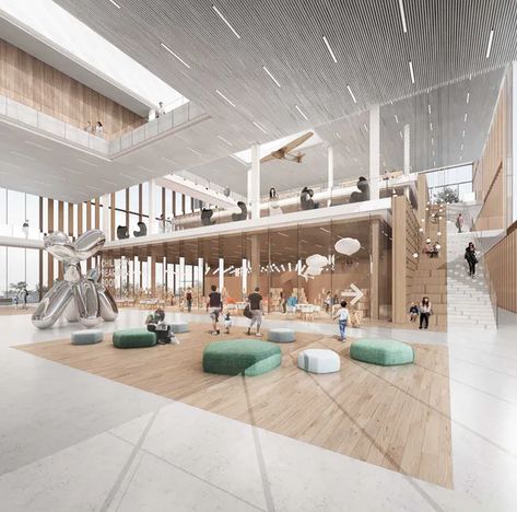 Interior View of the Exhibition Area ©1CStudio Library Competition, Gwangju South Korea, Community Space Design, Competition Architecture, Architecture Library, Public Library Design, Atrium Design, Library Pictures, Public Space Design