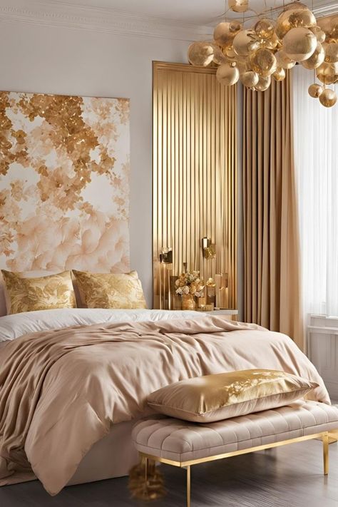 Cream And Gold Bedroom, Gold Bedroom Ideas, Monochrome Room, Gold Bedroom Decor, Esthetician Room Decor, Gold Rooms, Esthetician Room, Luxurious Interior Design, Aesthetic Gold