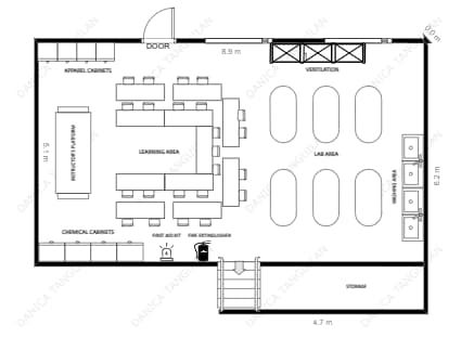 Here is a floor plan especially designed for high school science classroom or laboratory. It displays the location of laboratory equipment, learning area, storage areas, and other laboratory furniture and fixtures. It can serve as a valuable tool for ensuring the safety, efficiency, and effectiveness of a science laboratory. Medical Laboratory Floor Plan, School Cafeteria Floor Plan, Chemistry Labs High School, Laboratory Design Architecture, Laboratory Floor Plan, Chemistry Lab Design, Medical Laboratory Design, Science Lab Design, Laboratory Classroom